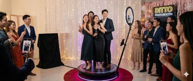 กลุ่มเพื่อนกำลังสนุกสนานบนแท่น 360 องศาในงานปาร์ตี้ ใช้บริการเช่า 360 photo booth จาก Ditto Photobooth โดยมีแขกคนอื่นยืนถ่ายคลิปอยู่รอบๆ